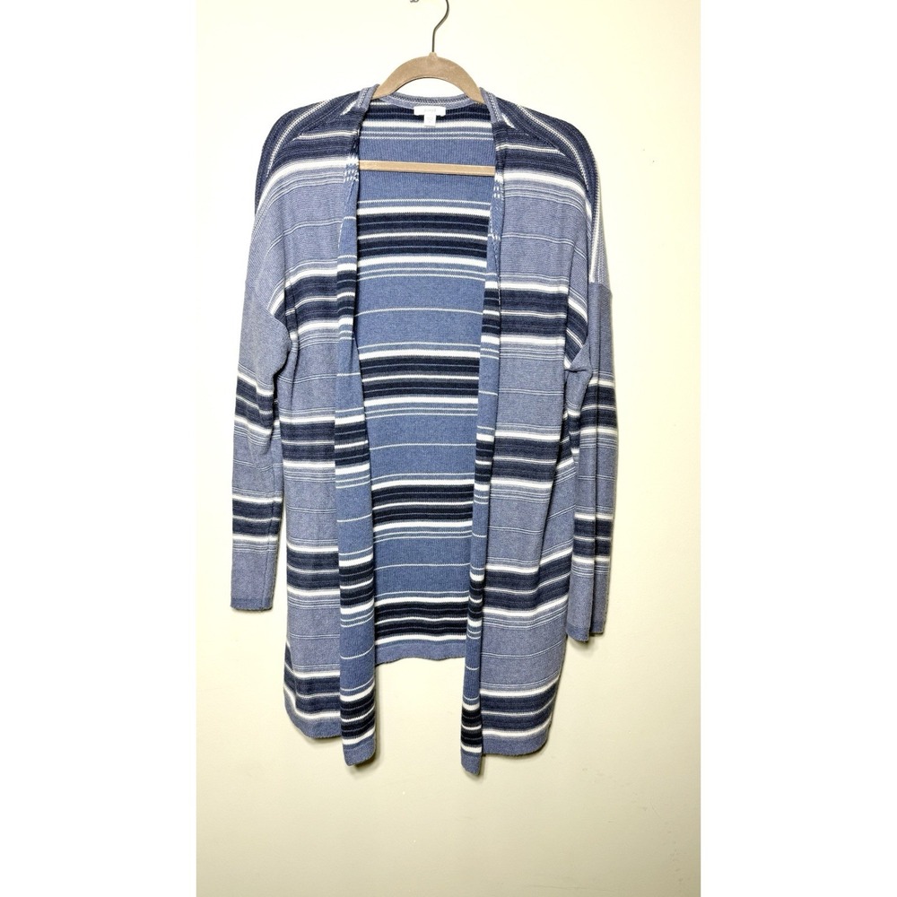 Pure Jill Womens M Open Front Knit Cardigan Sweater Blue White Stripe Coastal